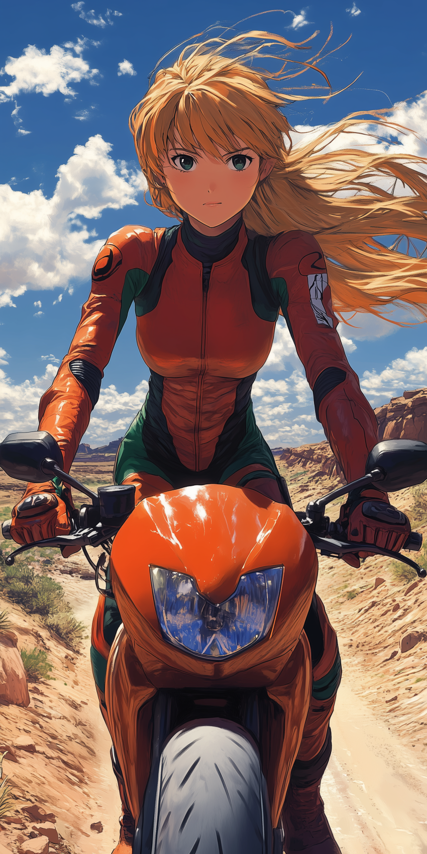 asuka evangelion sur une moto orange dans le desert