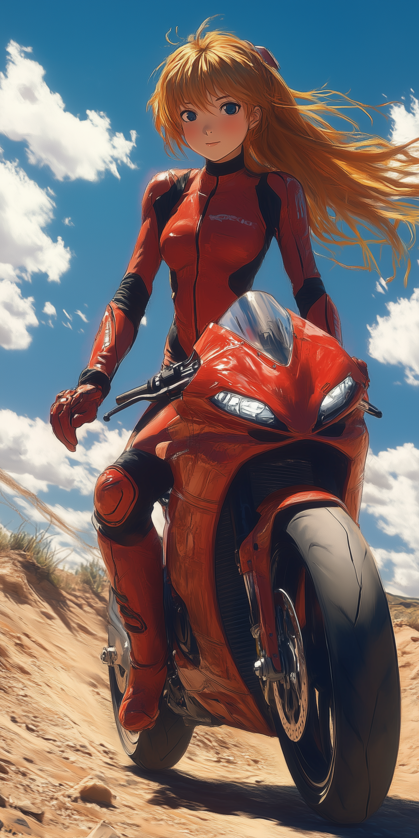 asuka evangelion sur une moto rouge dans le desert