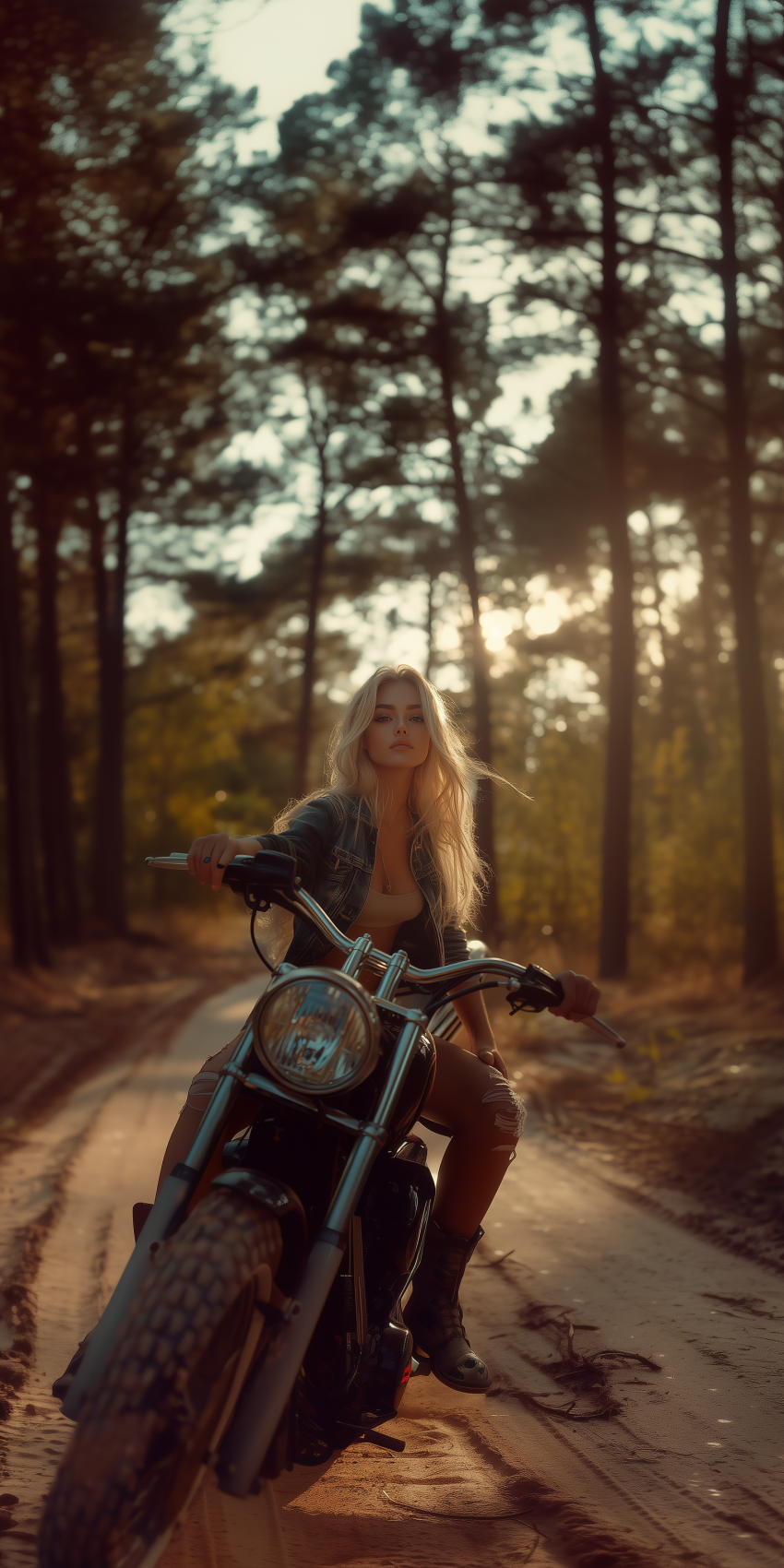 Belle blonde sexy sur une moto dans la foret 2