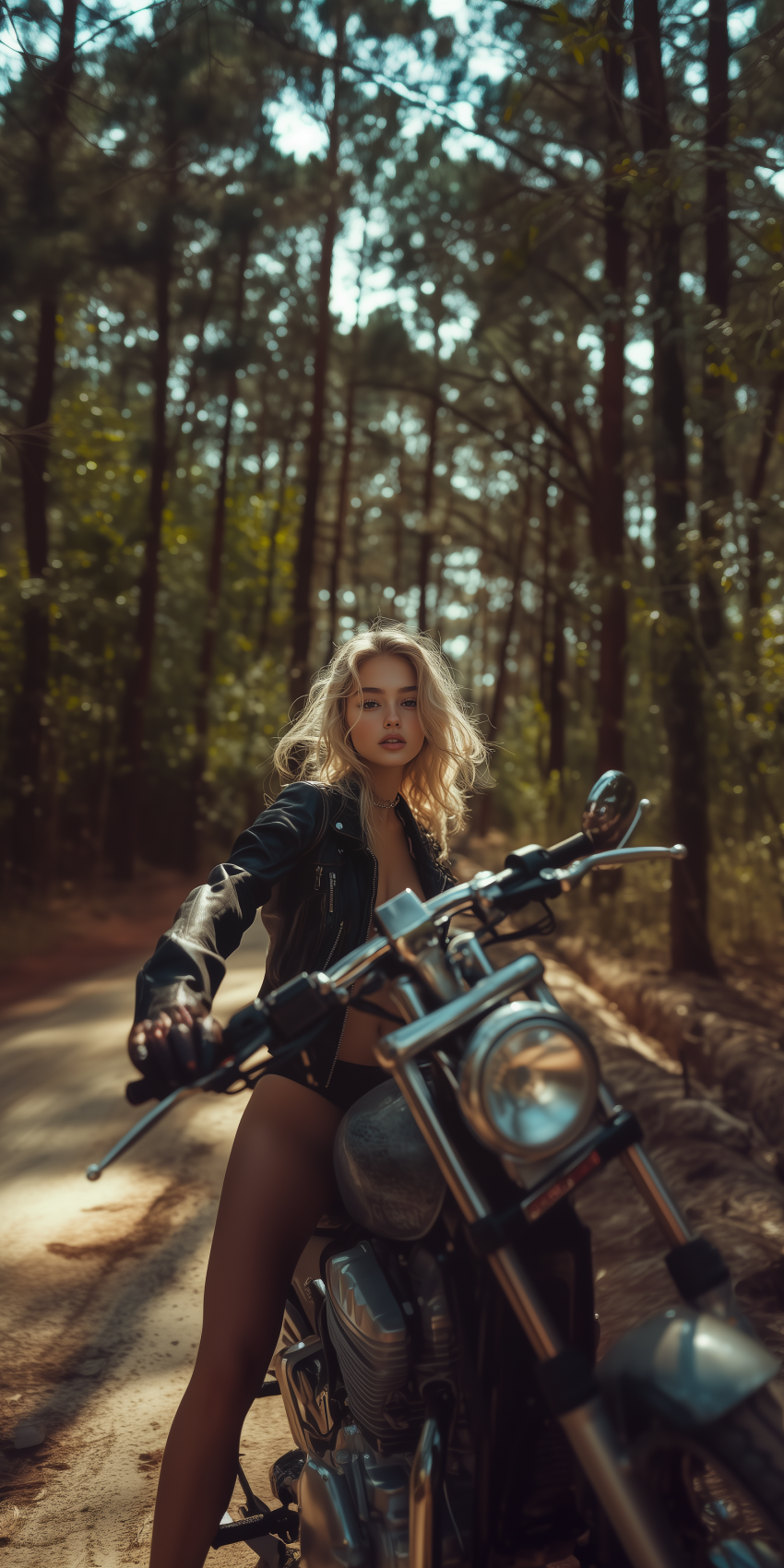 belle blonde sur une moto sexy dans la foret