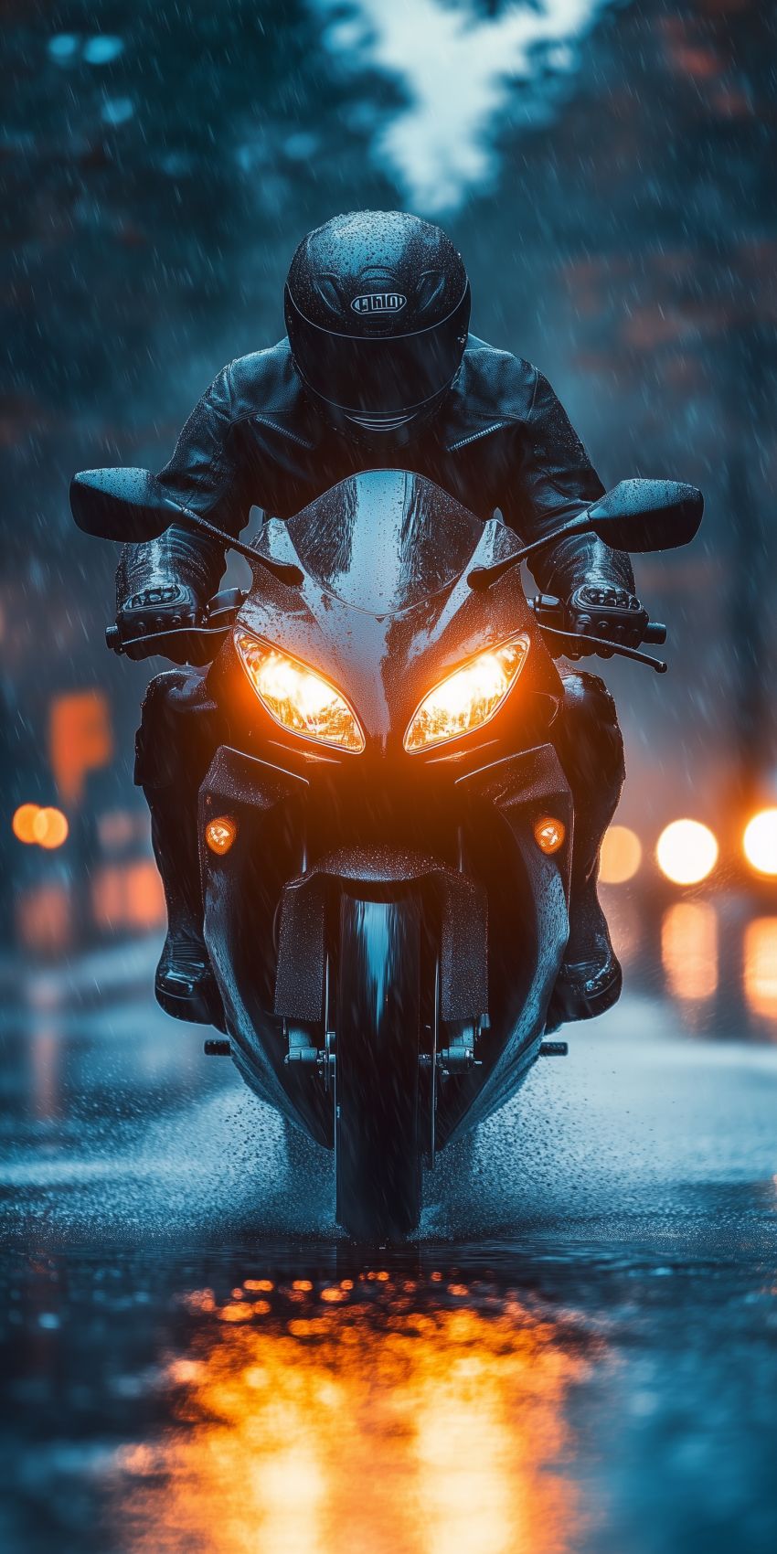 fond d ecran mobile moto motard en centre ville de face