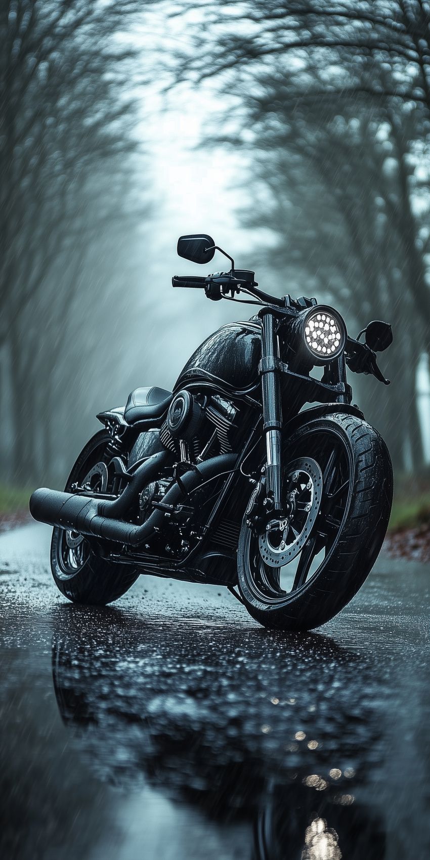 fond d ecran mobile moto noire sous la pluie sur une route