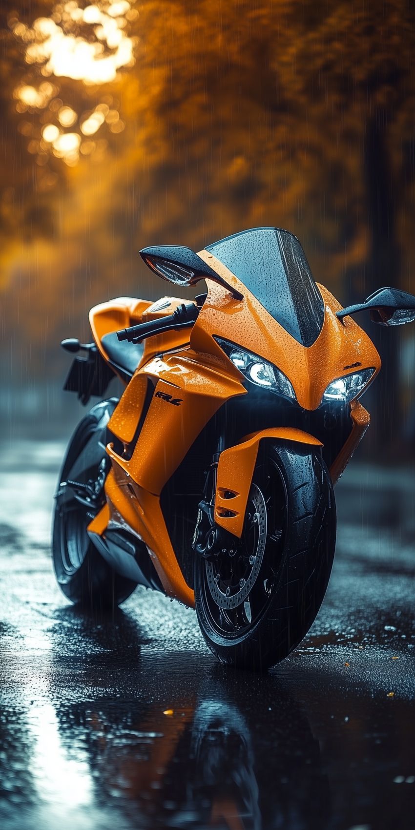 fond d ecran mobile moto sportive orange sous les arbres et la pluie