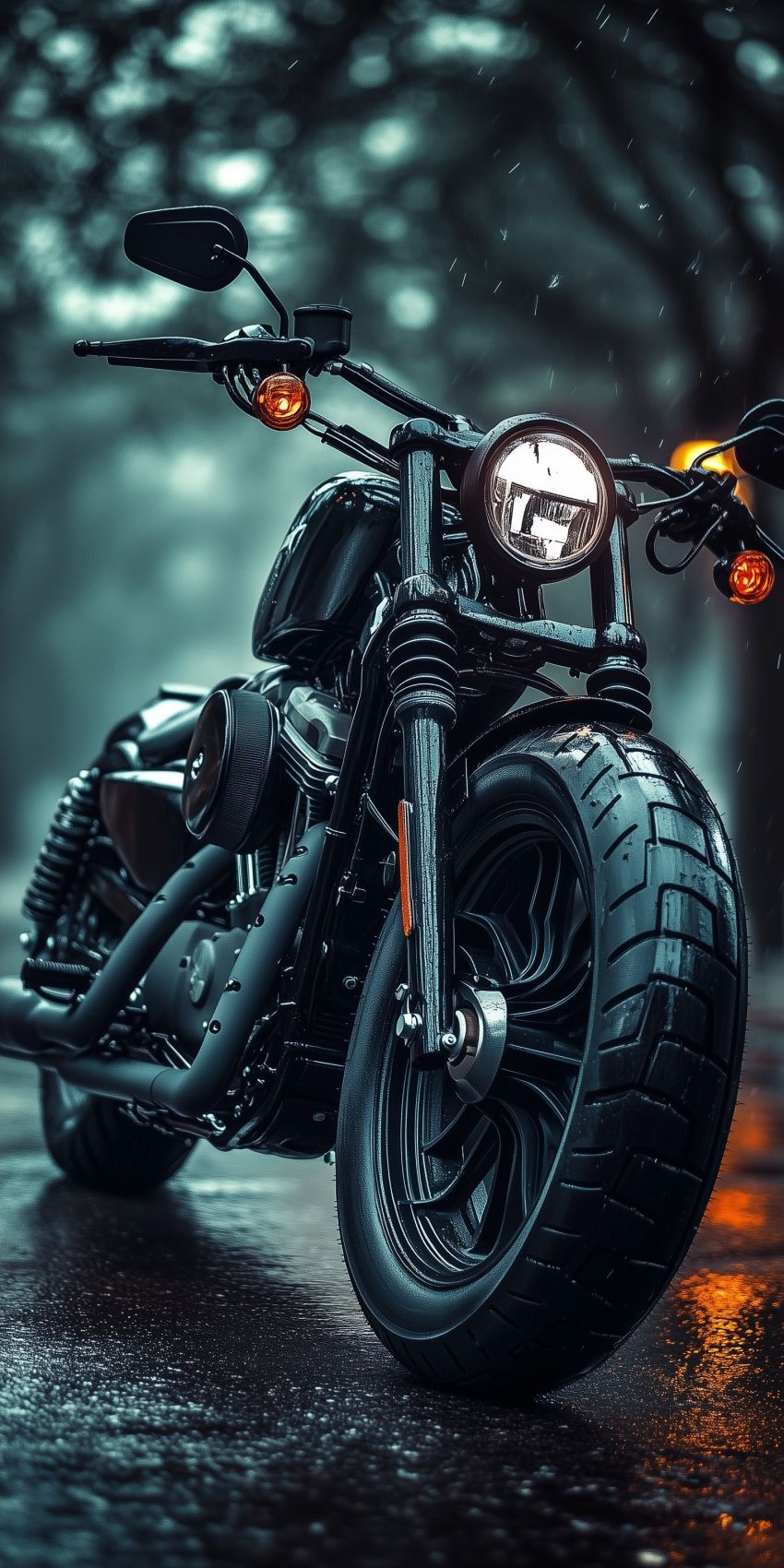 Fond d'écran mobile moto vintage sur route sous la pluie