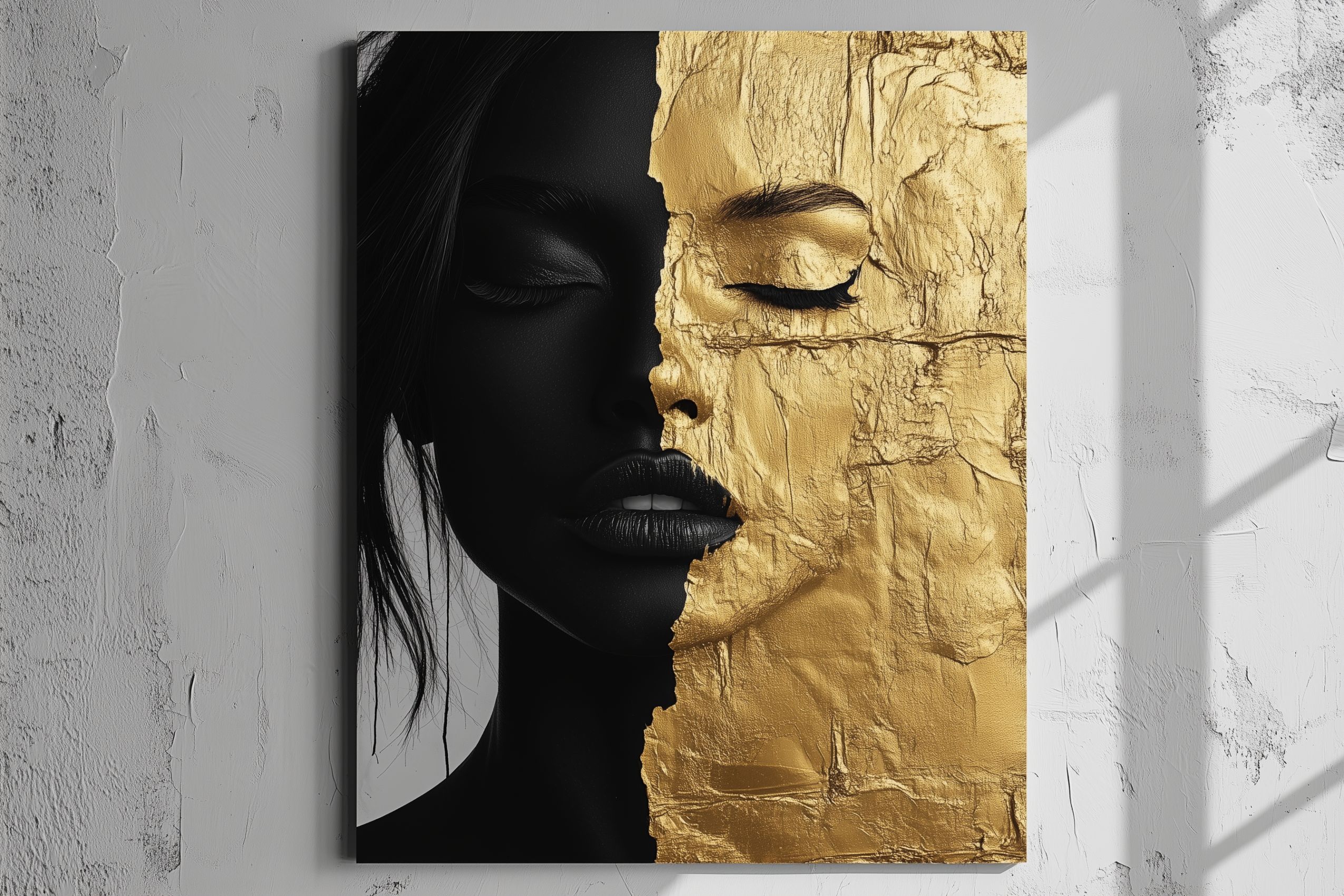 fond d ecran art moderne tableau un visage de femme moitie or moitie noir