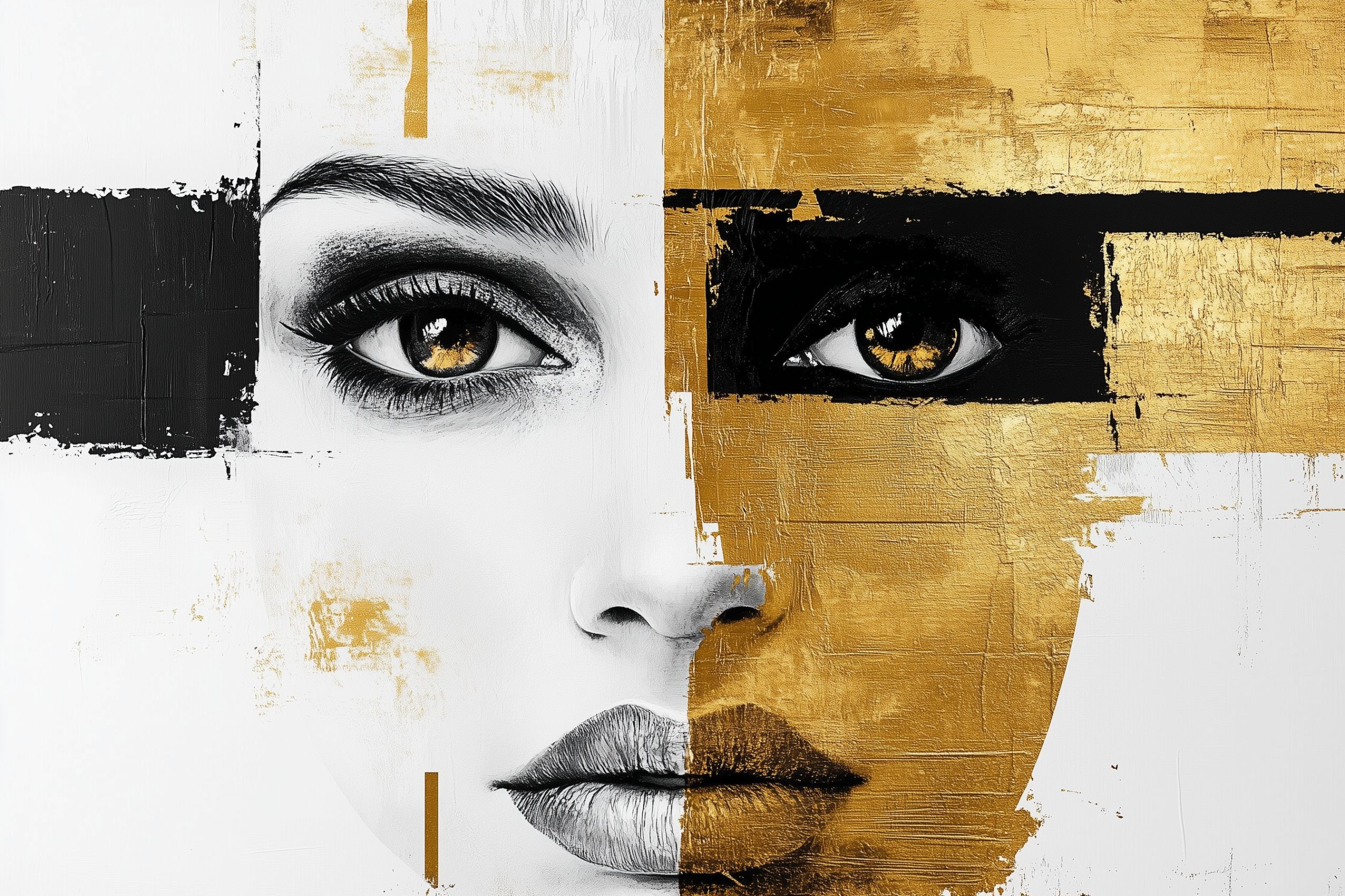 fond d ecran art moderne tableau un visage de femme or noir et blanc