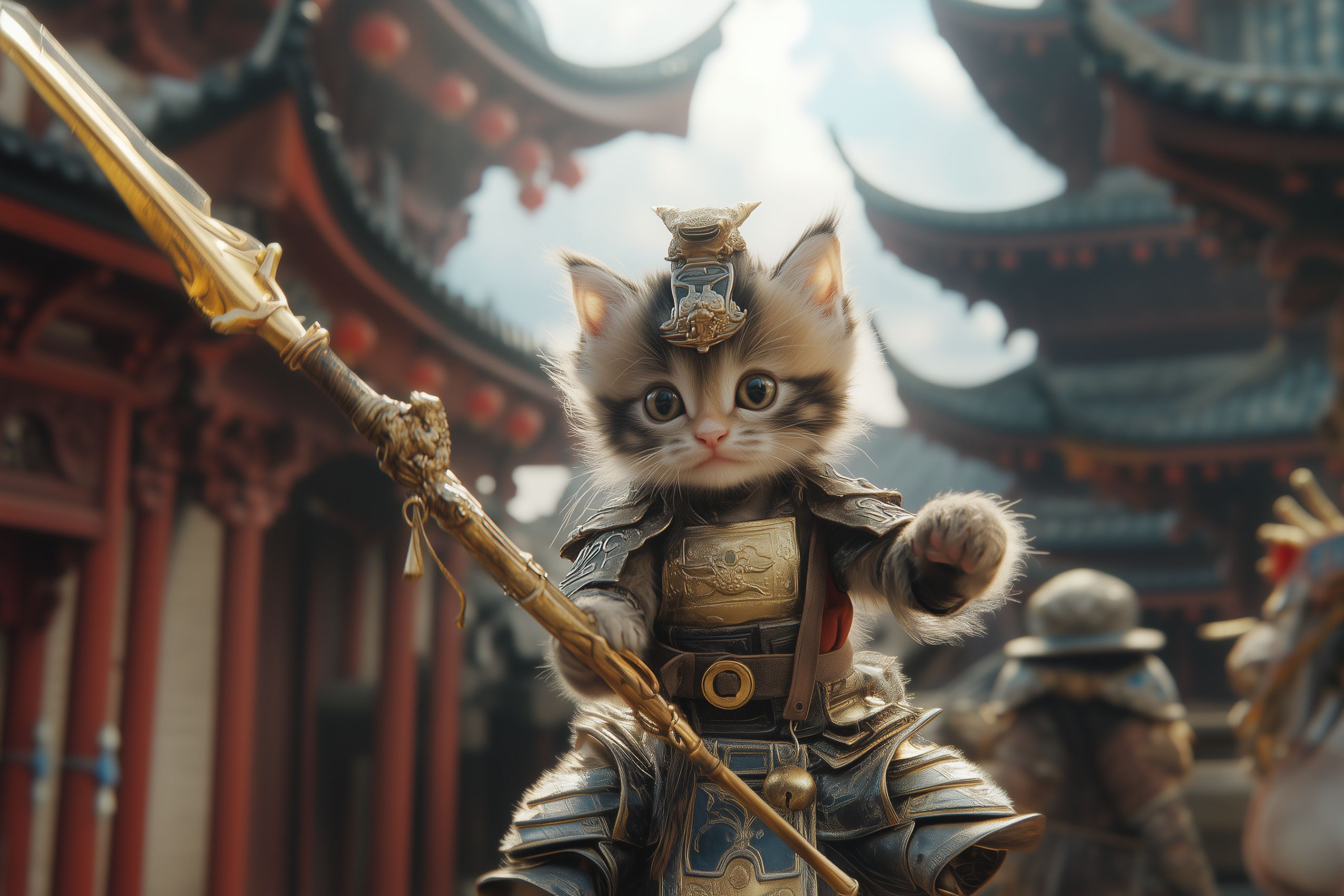 fond d ecran chat chaton guerrier en armure chinoise 002
