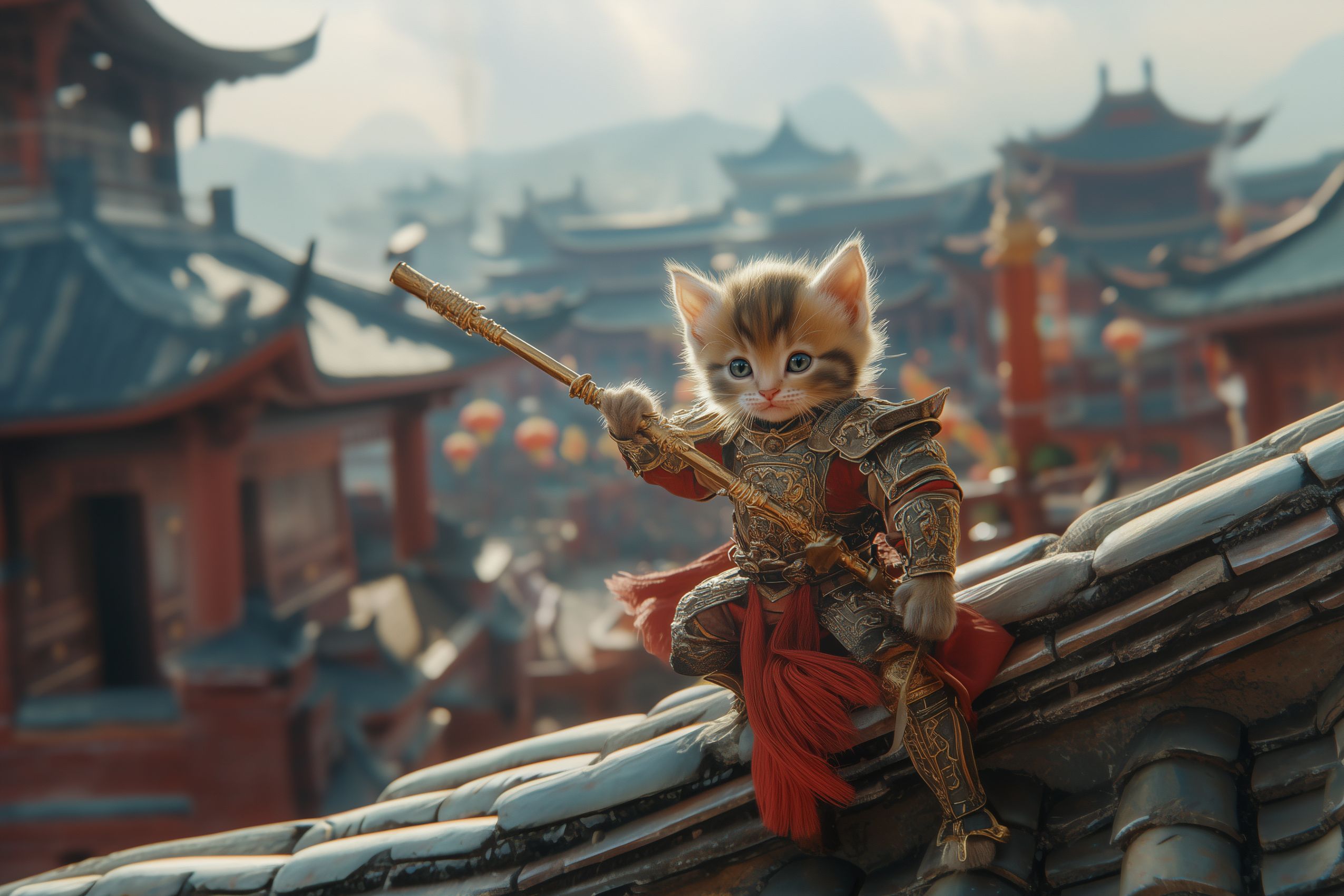 Fond d'écran chat chaton guerrier en armure chinoise 003