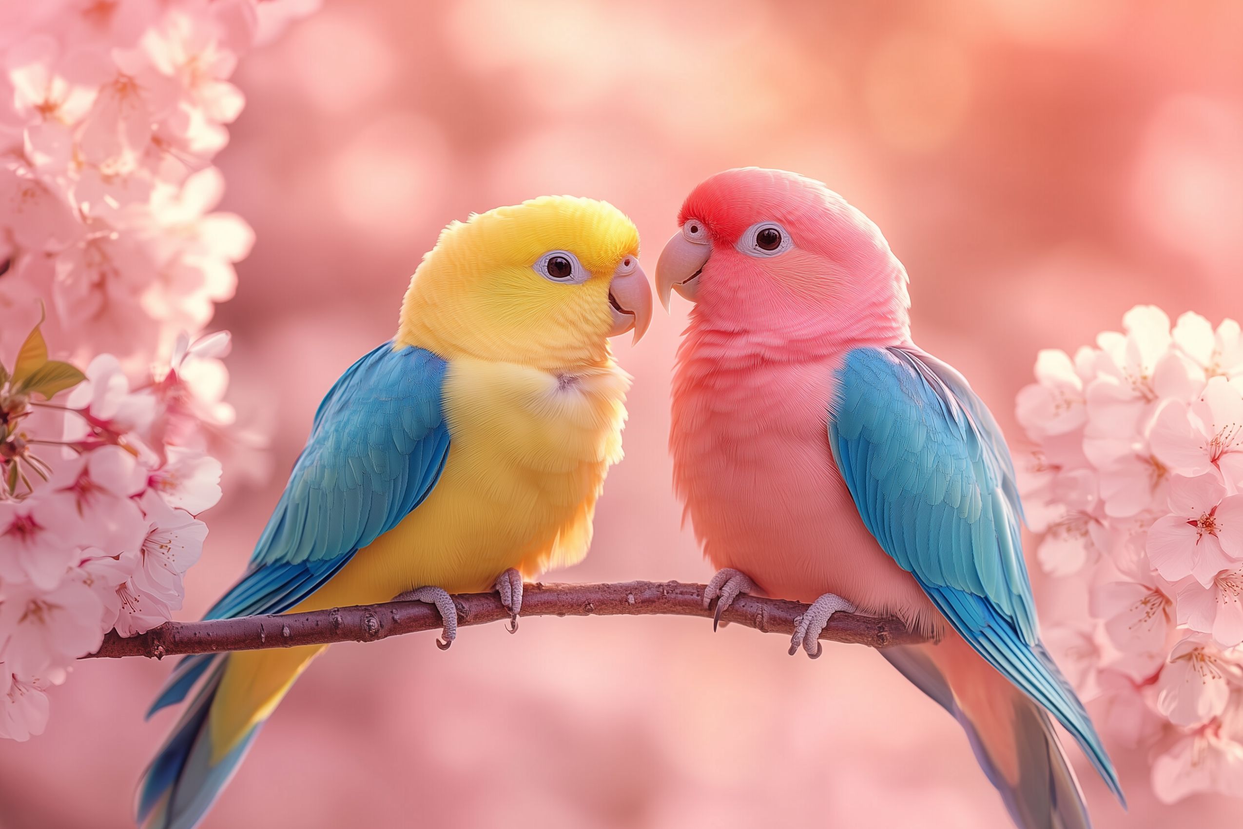 Fond d'écran oiseau deux perroquets sur fond rose