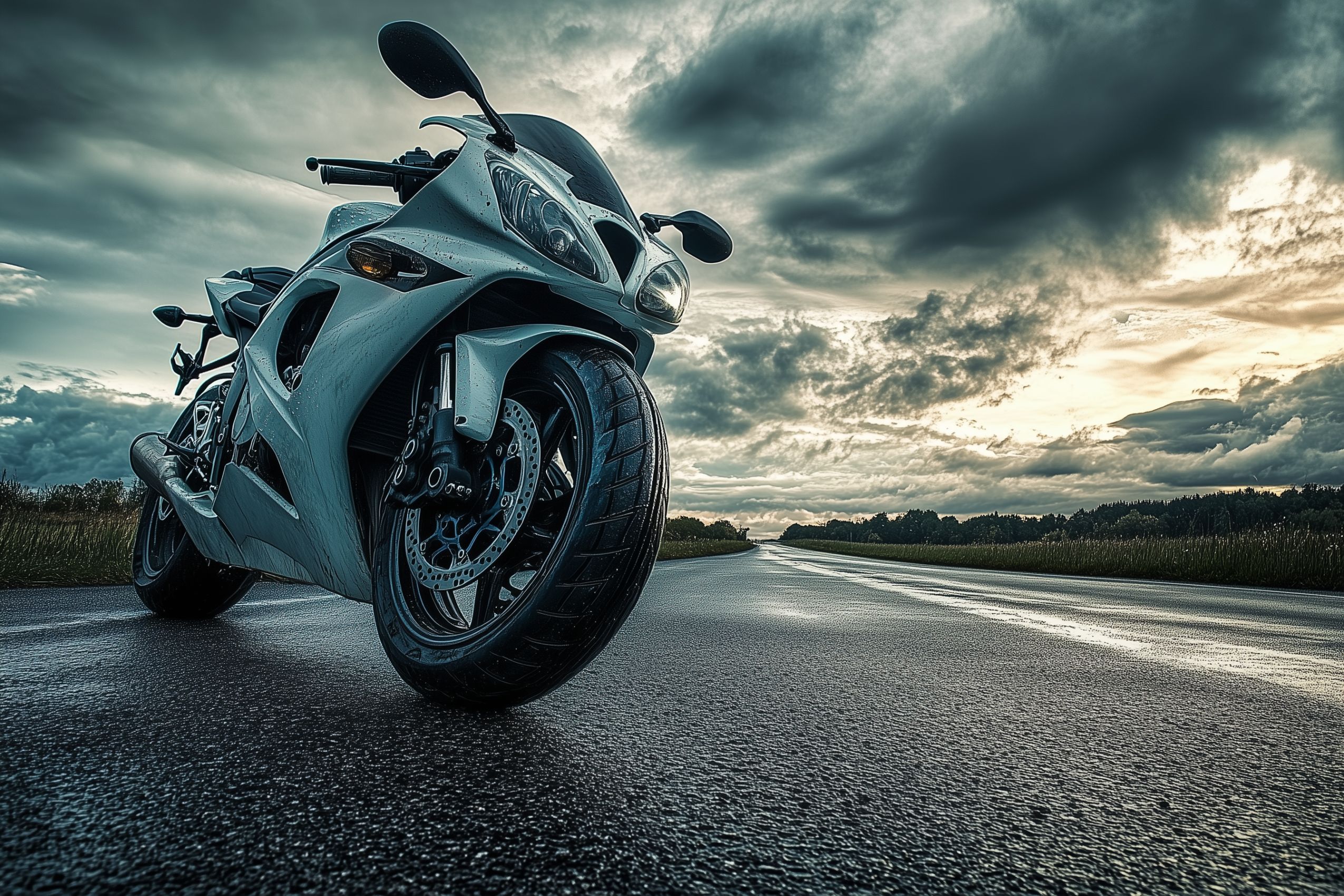 fond d ecran moto blanche mouillee ciel drammatique route