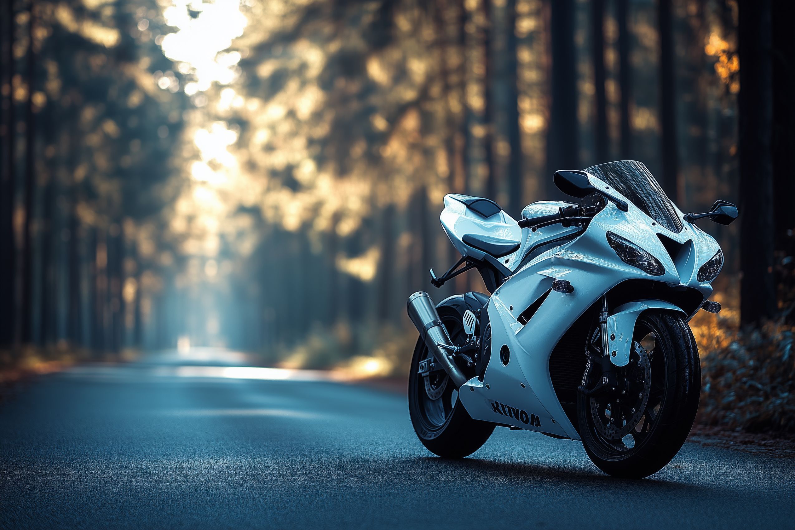 fond d ecran moto blanche sportive route foret