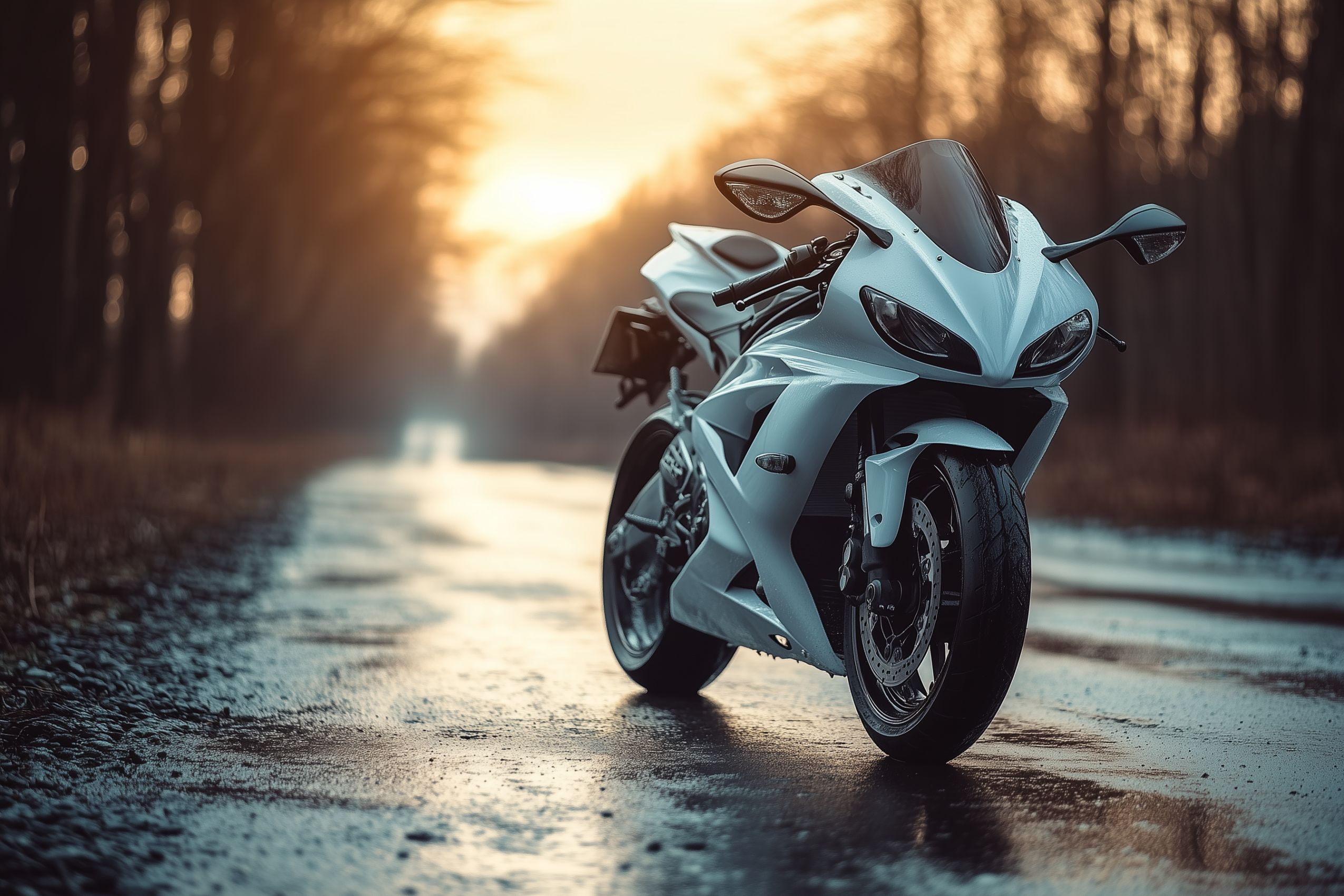 Fond d'écran moto blanche sportive route foret mouillee