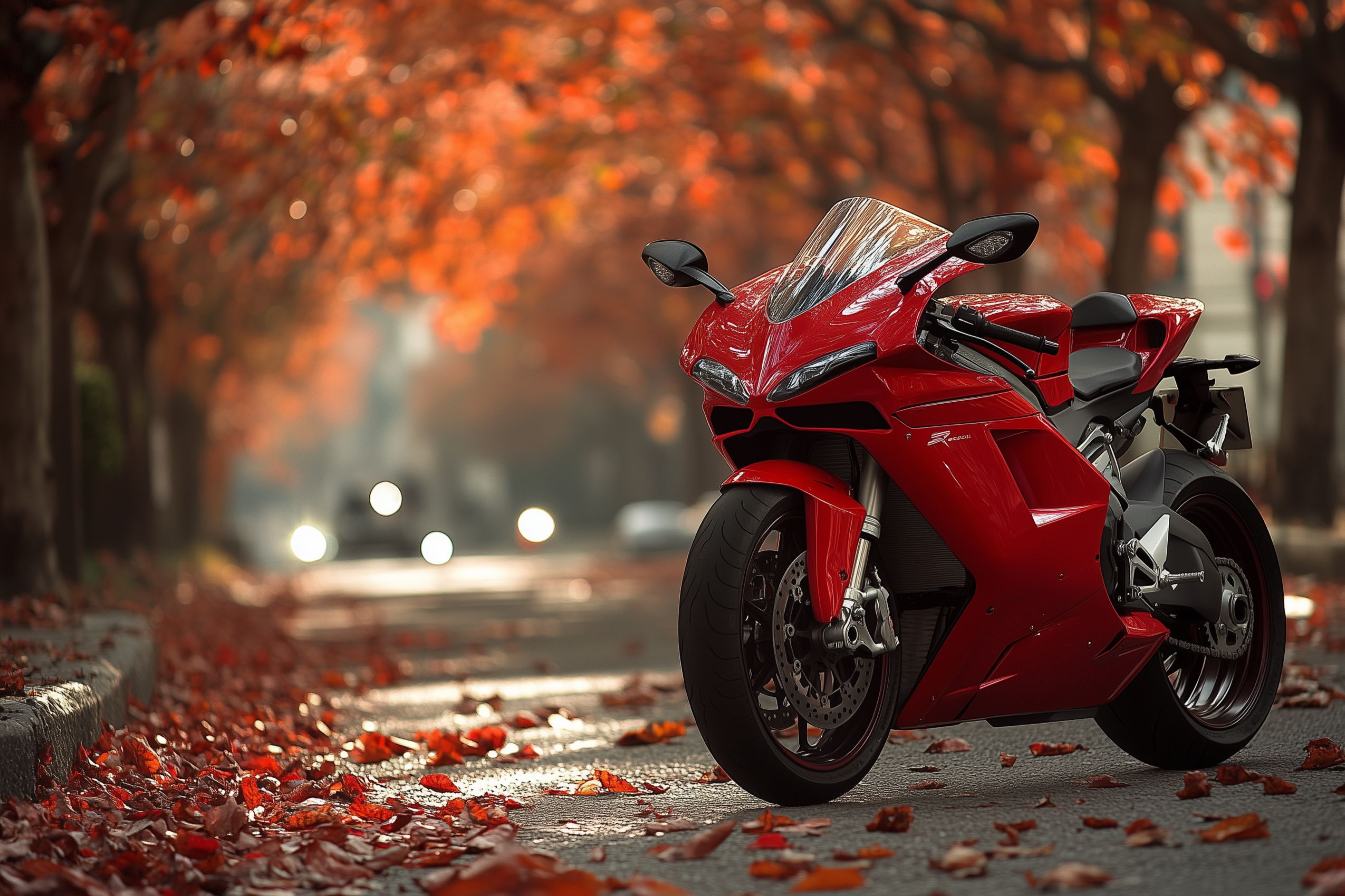 fond d ecran moto bolide rouge sous bois feuilles mortes