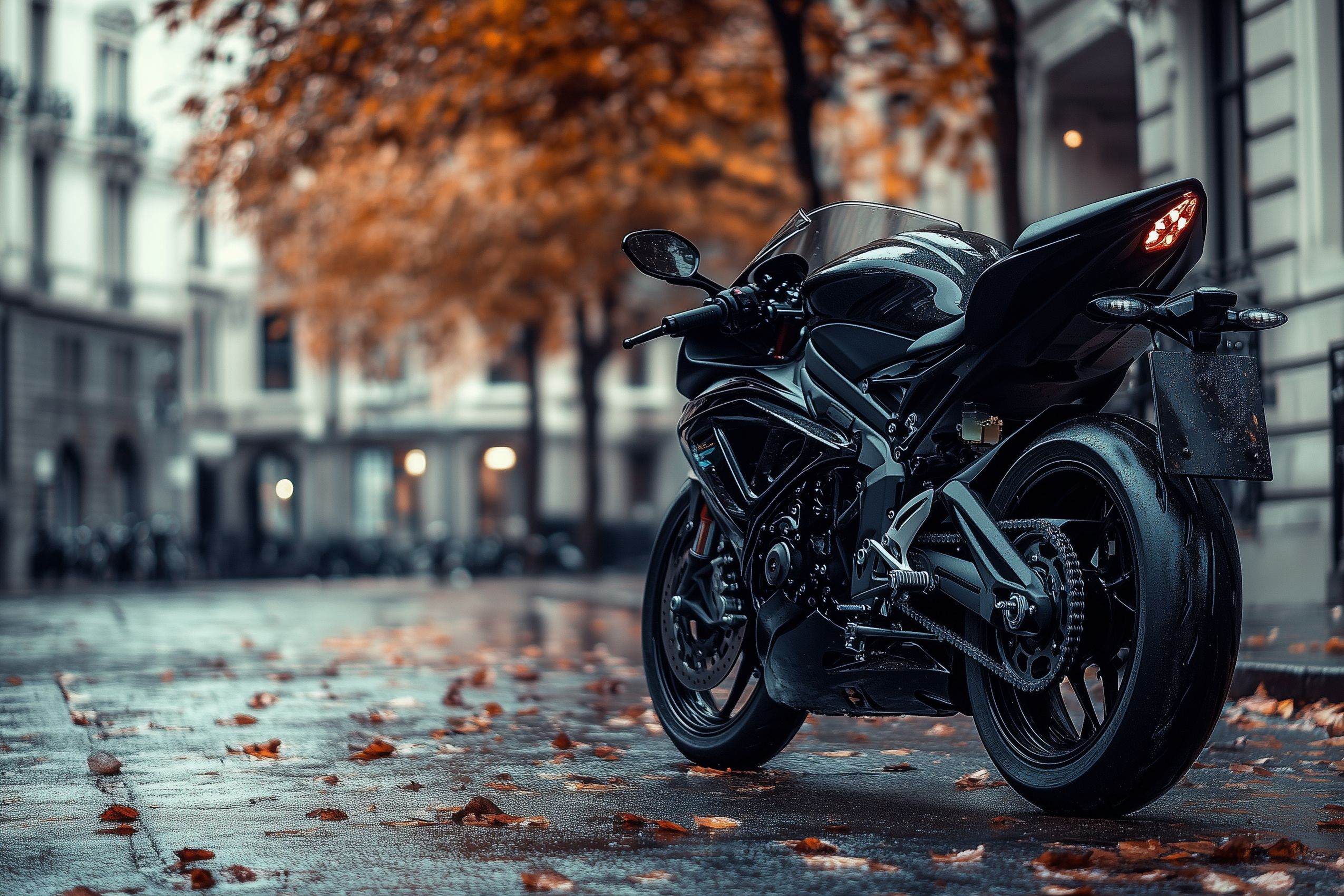 fond d ecran moto noire sportive feuilles mortes ville