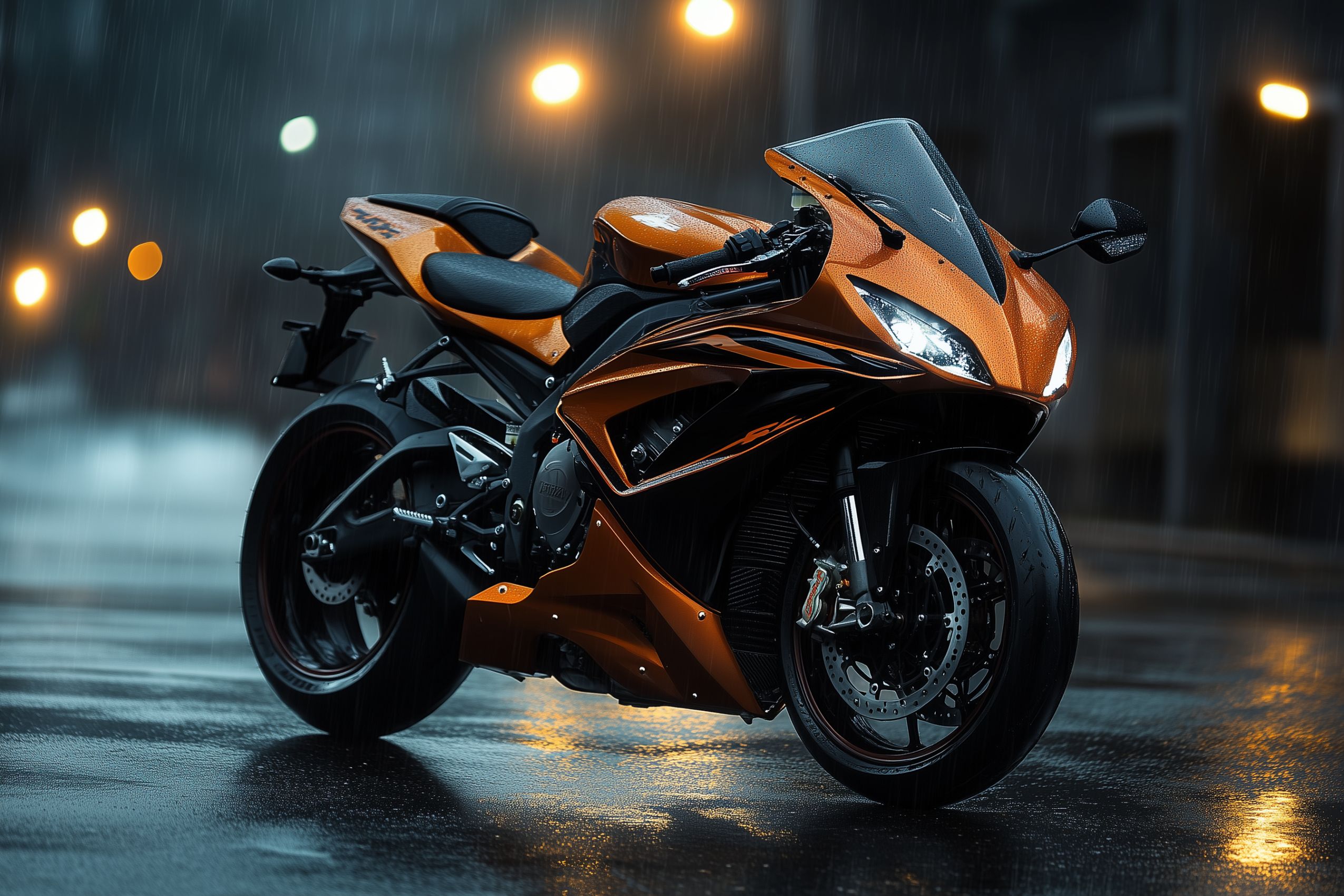 Fond d'écran moto orange et noire sous la pluie