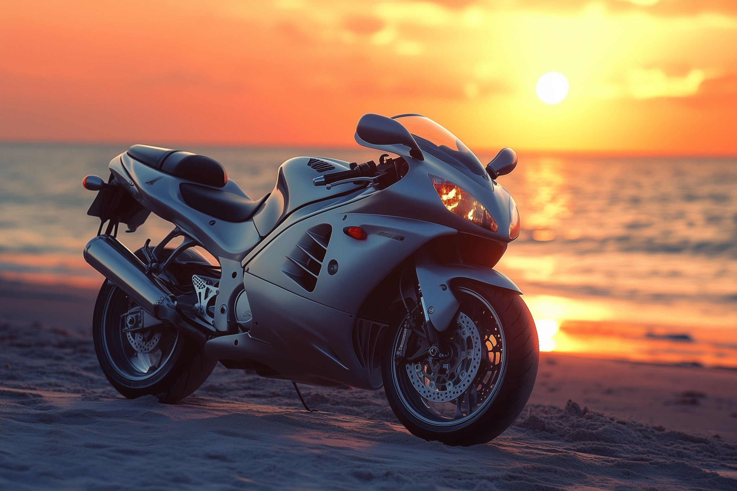 fond d ecran moto plage coucher de soleil