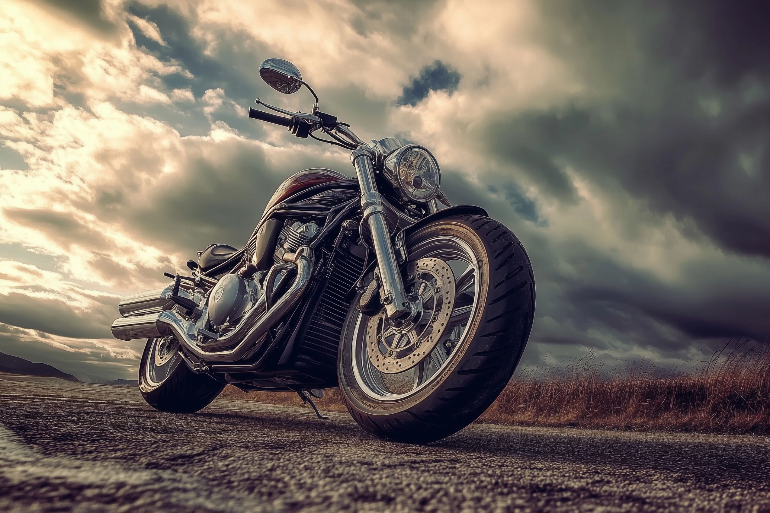 Fond d'écran moto route campagne ciel nuageux