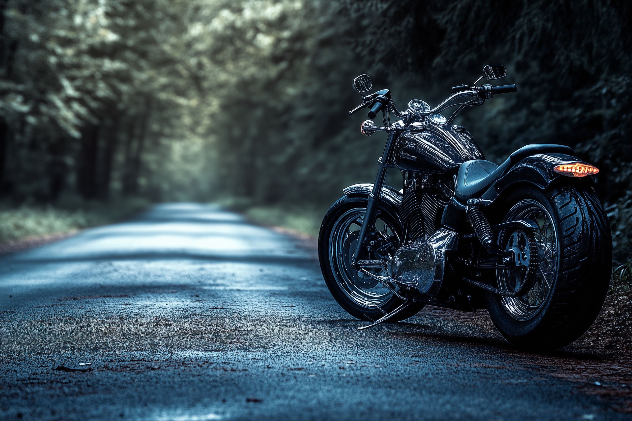 Fond d'écran moto route sous bois noire