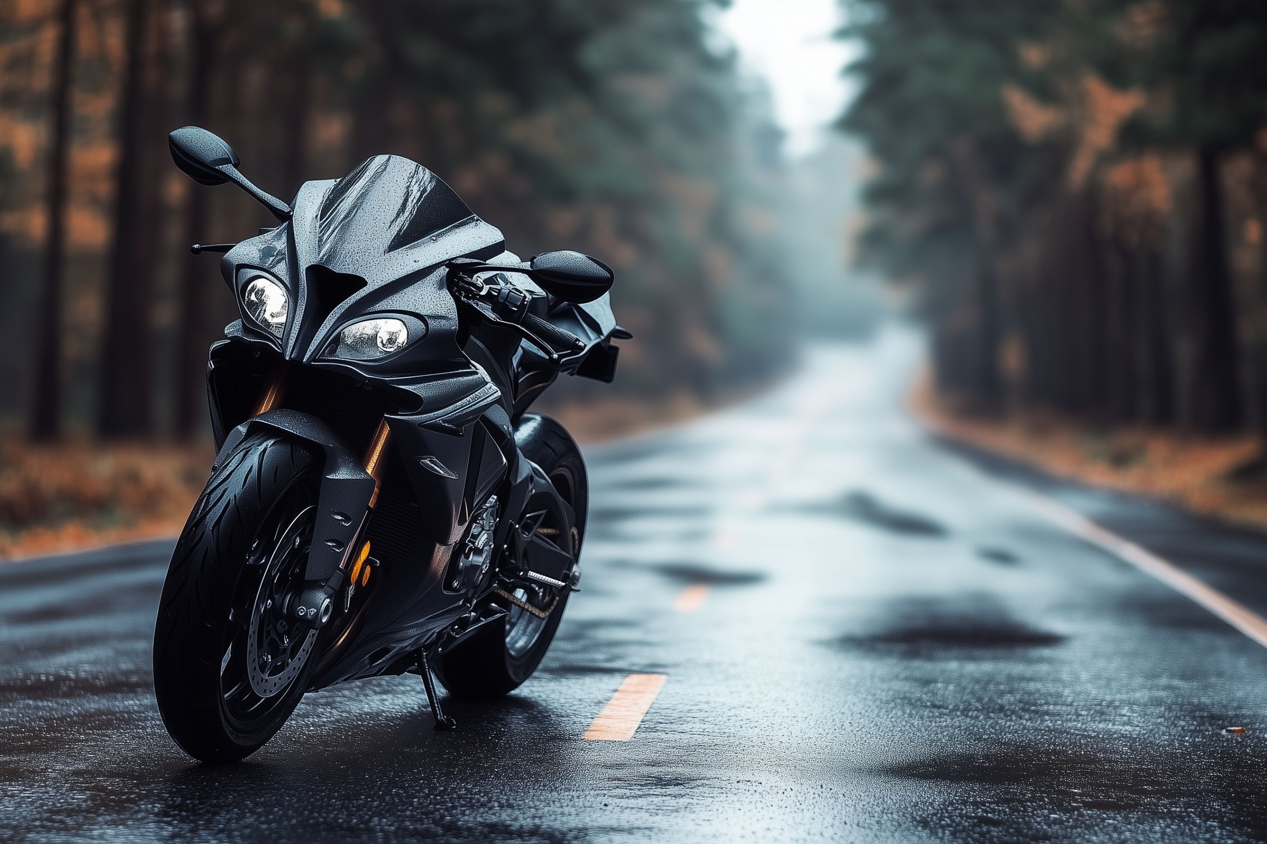 Fond d'écran moto sportive noire sur une route en sous-bois