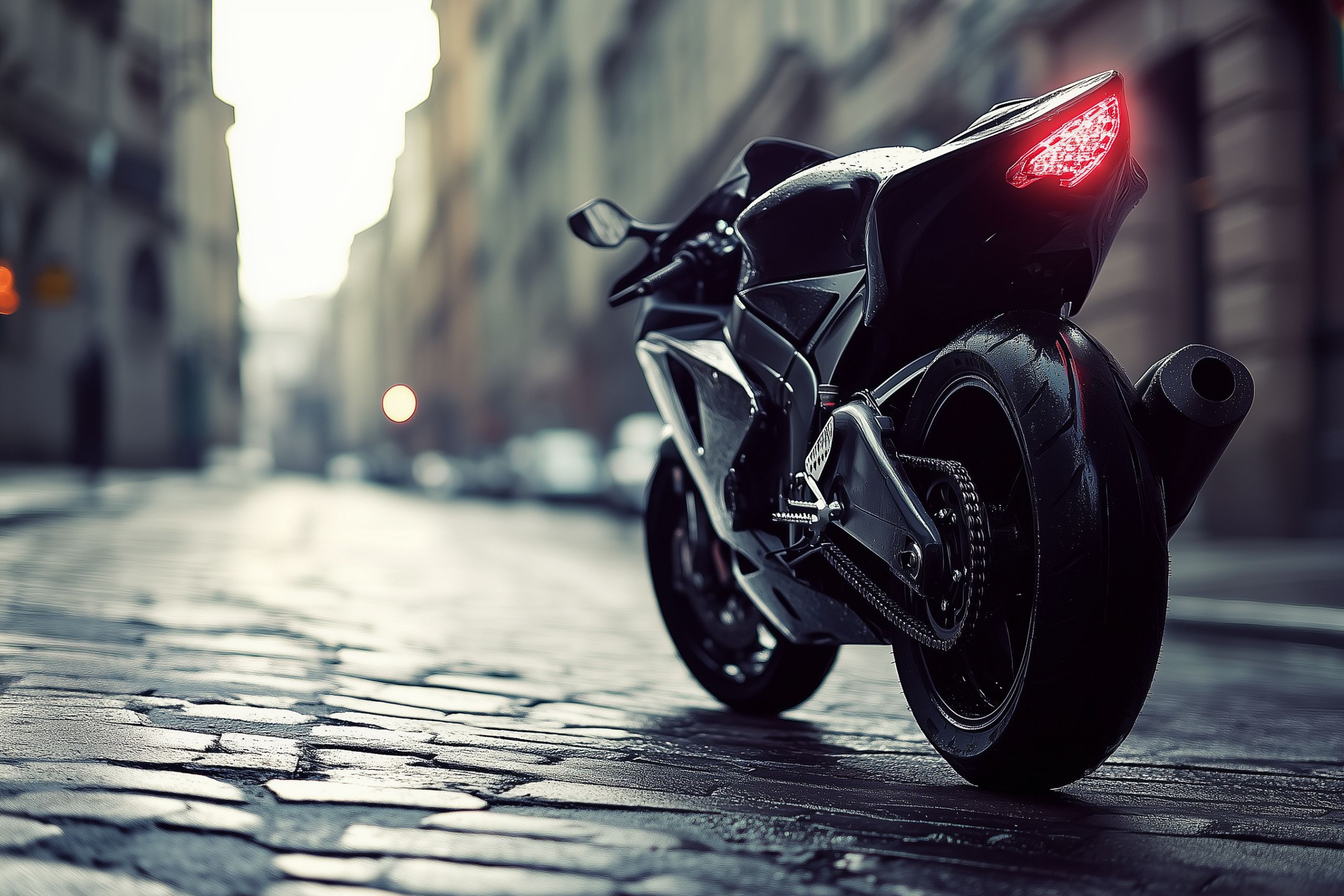 Fond d'écran moto sportive noire ville vue arriere