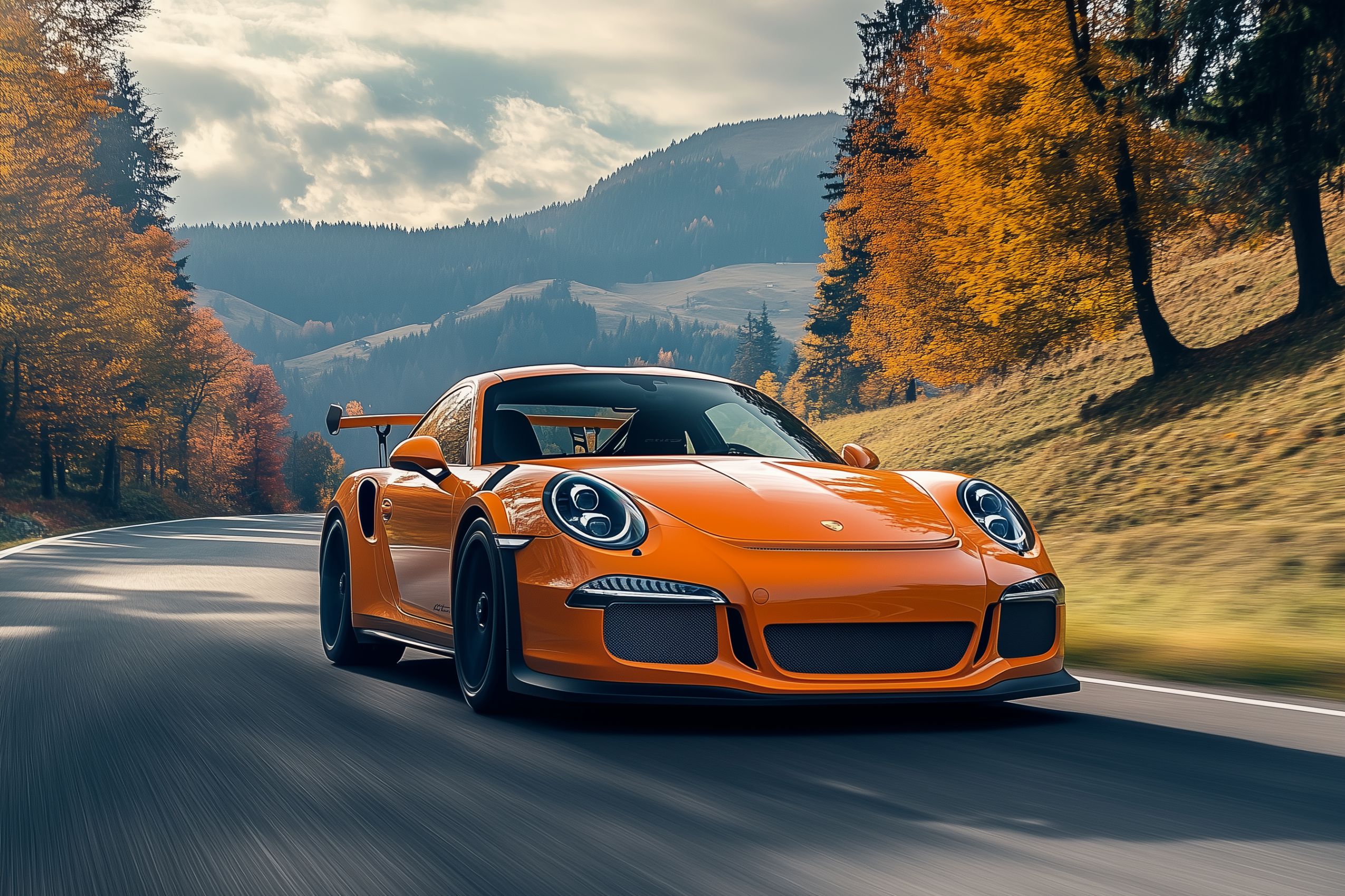 fond-ecran wallpaper porsche gt3rs orange route de montagne
