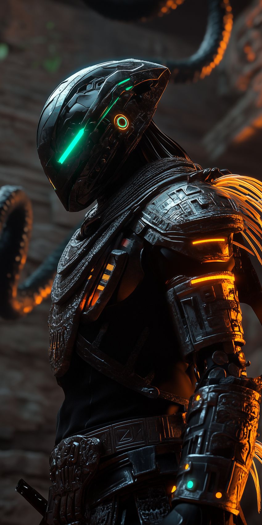 Fond d'écran robot humanoide extraterrestre avec des implants cybernetiques complexes 046
